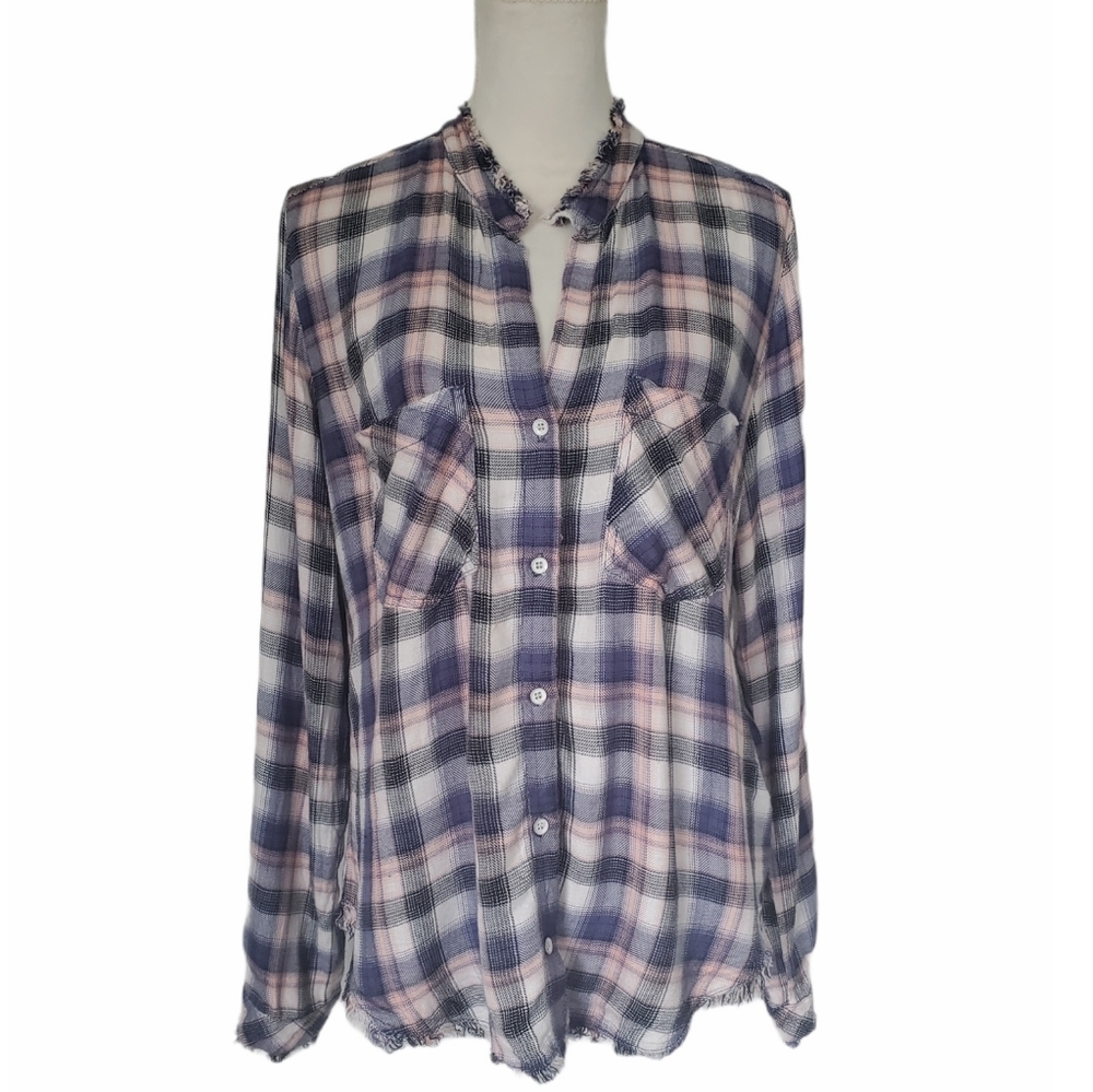 Bella Dahl Pink/Blue Plaid Long Button Down Shirt